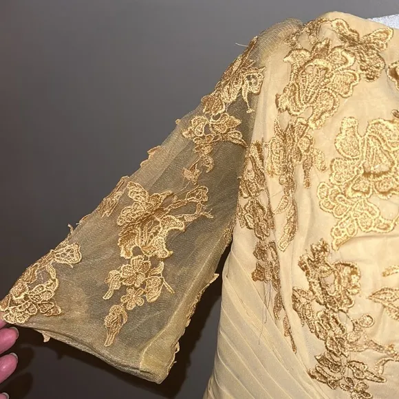 - Jaedin gold lace appliqué boat neck Mother of the bride/groom floor leng…