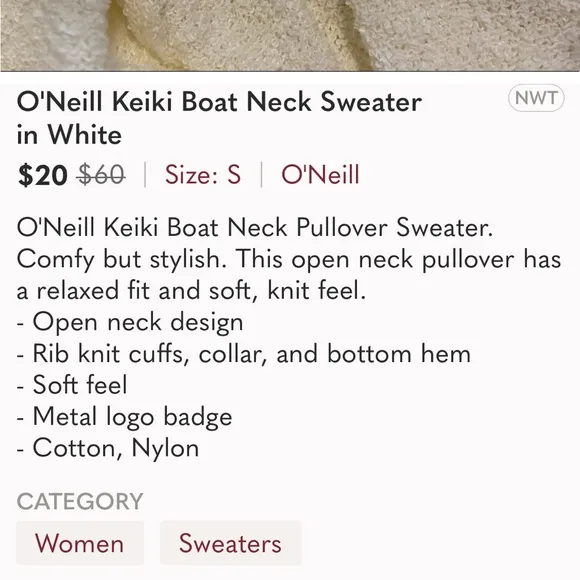 ❤️ O'Neill Keiki Boat Neck Sweater in White NWT