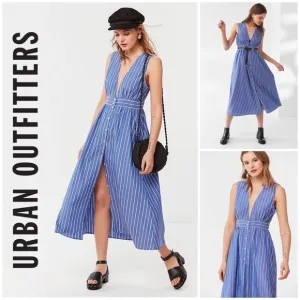⛴ Urban Outfitters, Pinstriped Chambray Plunging Button-Front Sleeveless Dress