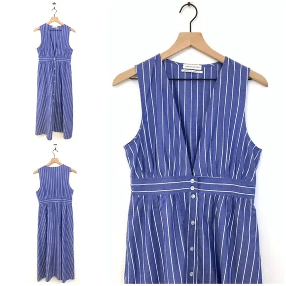 ⛴ Urban Outfitters, Pinstriped Chambray Plunging Button-Front Sleeveless Dress