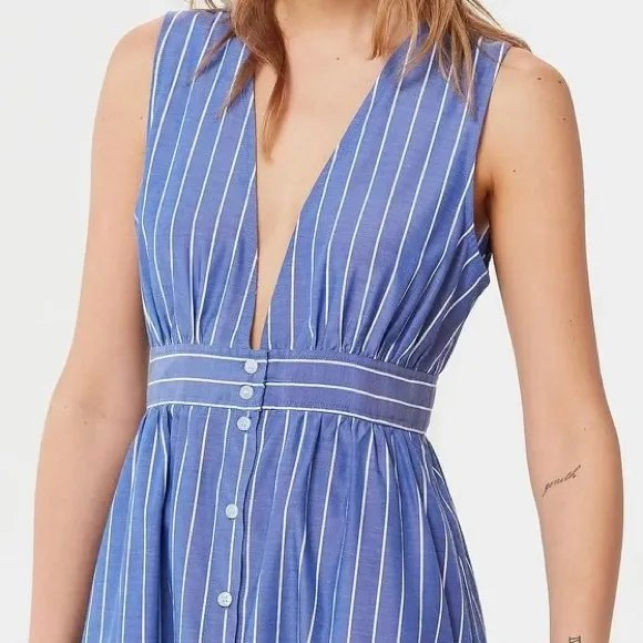 ⛴ Urban Outfitters, Pinstriped Chambray Plunging Button-Front Sleeveless Dress