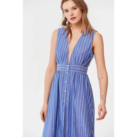 ⛴ Urban Outfitters, Pinstriped Chambray Plunging Button-Front Sleeveless Dress