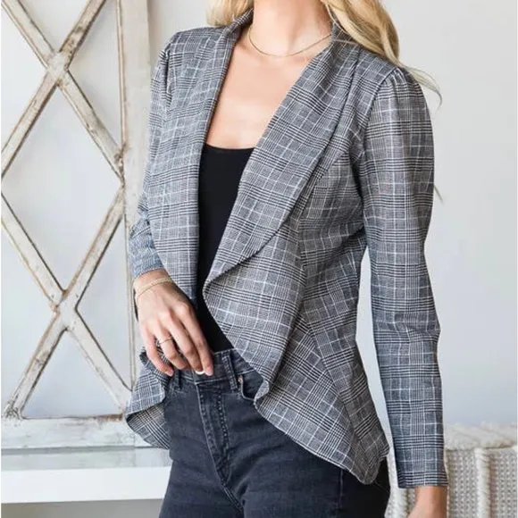 1X-3X Monet Black &amp; White Plaid Open Shawl Blazer 🌟HP🌟