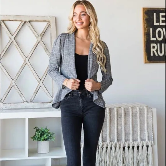 1X-3X Monet Black &amp; White Plaid Open Shawl Blazer 🌟HP🌟