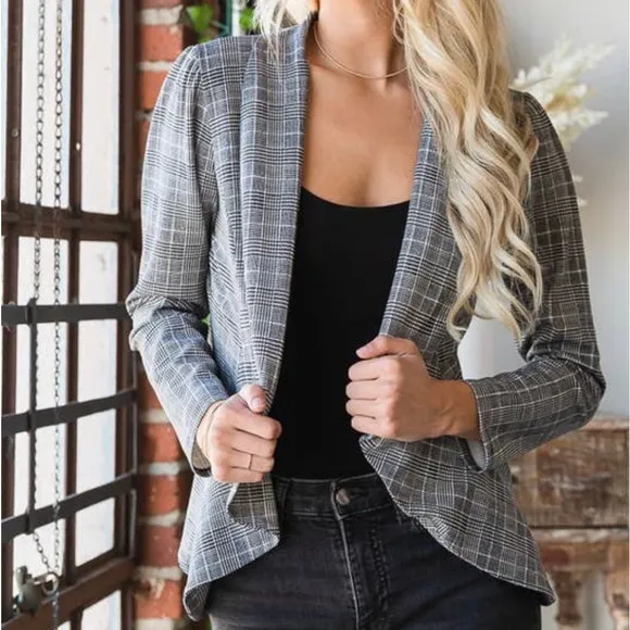 1X-3X Monet Black &amp; White Plaid Open Shawl Blazer 🌟HP🌟