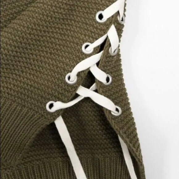360 Sweater Olive Green Emilia Lace Up Sweater