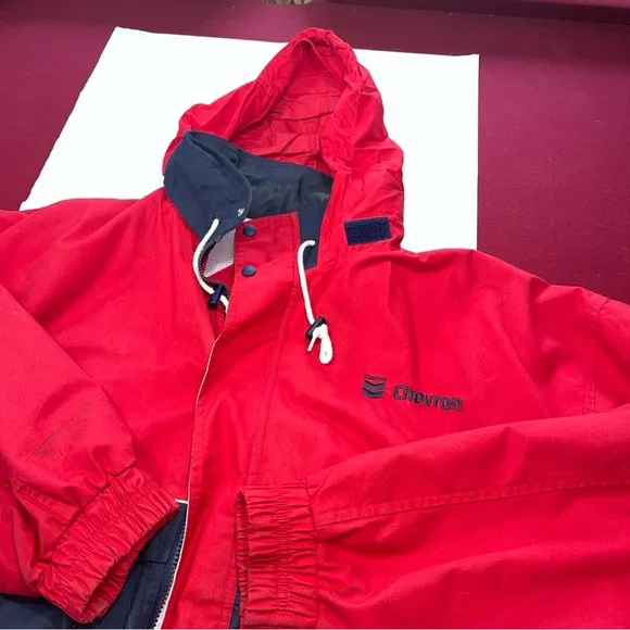 90s red blue CHEVRON boat RACING coat HOODED Nautical JACKET cotton nylon men 2X
