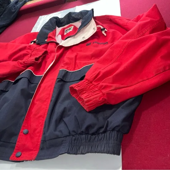 90s red blue CHEVRON boat RACING coat HOODED Nautical JACKET cotton nylon men 2X