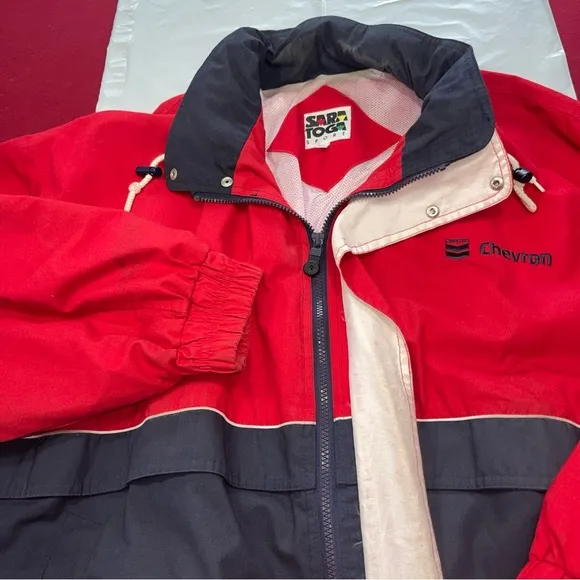 90s red blue CHEVRON boat RACING coat HOODED Nautical JACKET cotton nylon men 2X