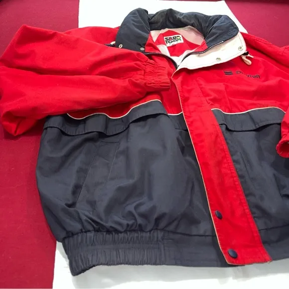 90s red blue CHEVRON boat RACING coat HOODED Nautical JACKET cotton nylon men 2X