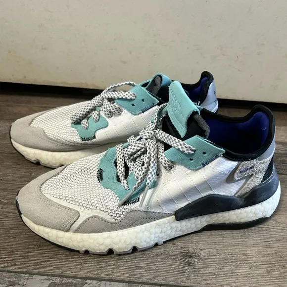 Adidas Nite Jogger Mens Shoes Size 8 White/Gray/Teal Mesh &amp; Suede Boost Midsole
