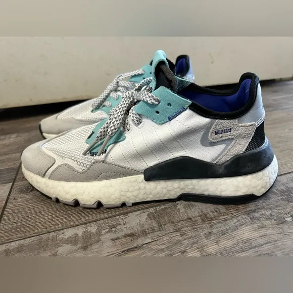 Adidas Nite Jogger Mens Shoes Size 8 White/Gray/Teal Mesh &amp; Suede Boost Midsole