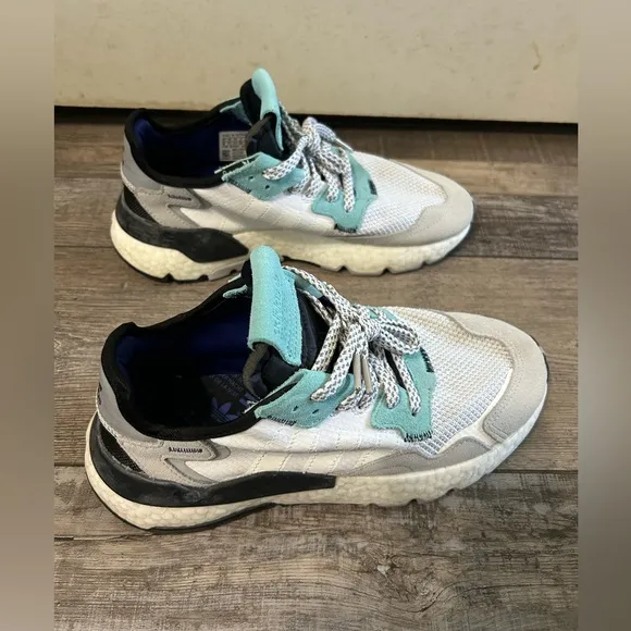 Adidas Nite Jogger Mens Shoes Size 8 White/Gray/Teal Mesh &amp; Suede Boost Midsole