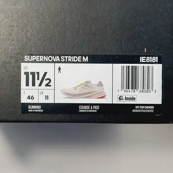 Adidas Supernova Stride M Running Shoes Size 11.5 White/Silver Metallic/ Lime