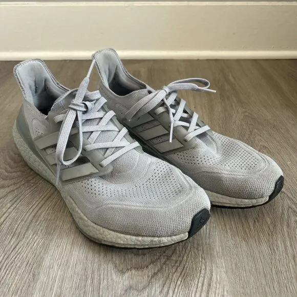 Adidas UltraBoost 21 Mens 11 Cloud White Gray Running Shoes FY0432 Knit Sneakers
