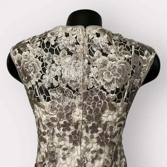 Adrianna Papell Formal Lace Sheath Dress Womens sz 2 Floral Sequin Golden Gown