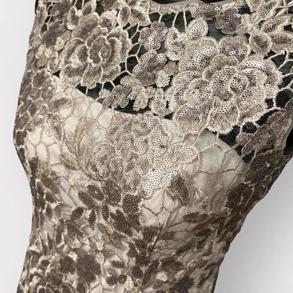 Adrianna Papell Formal Lace Sheath Dress Womens sz 2 Floral Sequin Golden Gown