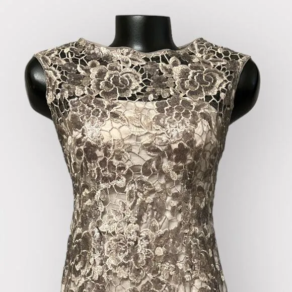Adrianna Papell Formal Lace Sheath Dress Womens sz 2 Floral Sequin Golden Gown