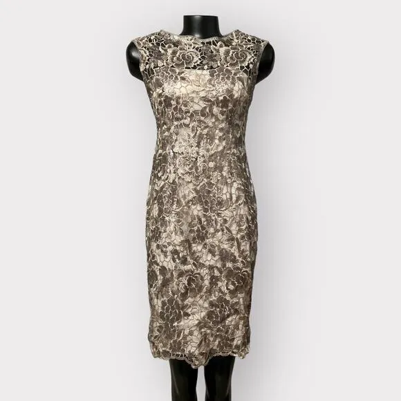 Adrianna Papell Formal Lace Sheath Dress Womens sz 2 Floral Sequin Golden Gown