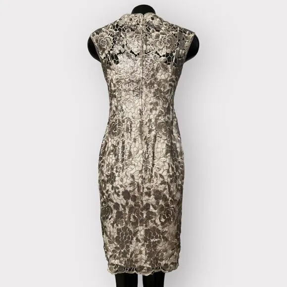 Adrianna Papell Formal Lace Sheath Dress Womens sz 2 Floral Sequin Golden Gown