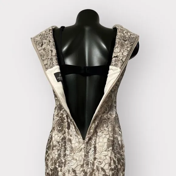 Adrianna Papell Formal Lace Sheath Dress Womens sz 2 Floral Sequin Golden Gown