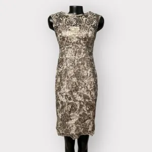 Adrianna Papell Formal Lace Sheath Dress Womens sz 2 Floral Sequin Golden Gown