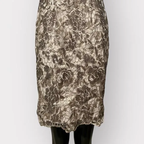 Adrianna Papell Formal Lace Sheath Dress Womens sz 2 Floral Sequin Golden Gown