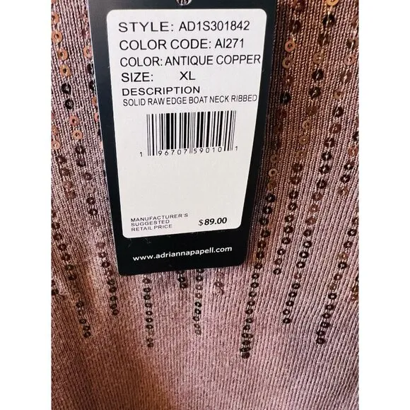 Adrianna Papell Solid Raw Edge Boat Neck Ribbed XL Antique Copper Color Brown