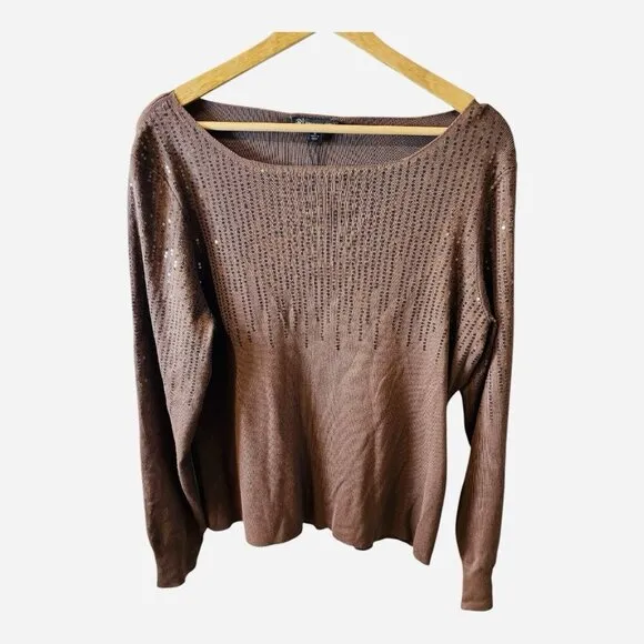Adrianna Papell Solid Raw Edge Boat Neck Ribbed XL Antique Copper Color Brown
