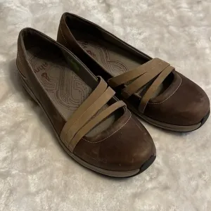 Ahnu leather strap slip on brown shoes, size 11