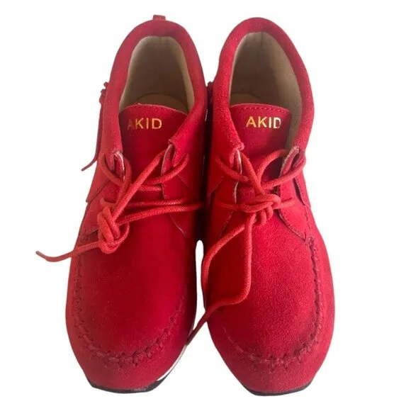 AKID Stone Red Nubuck Leather Moccasin Booties Ankle Boots Fringe A Kid Sz 1 1Y
