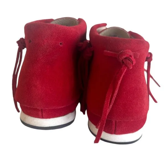 AKID Stone Red Nubuck Leather Moccasin Booties Ankle Boots Fringe A Kid Sz 1 1Y