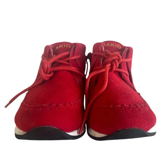 AKID Stone Red Nubuck Leather Moccasin Booties Ankle Boots Fringe A Kid Sz 1 1Y