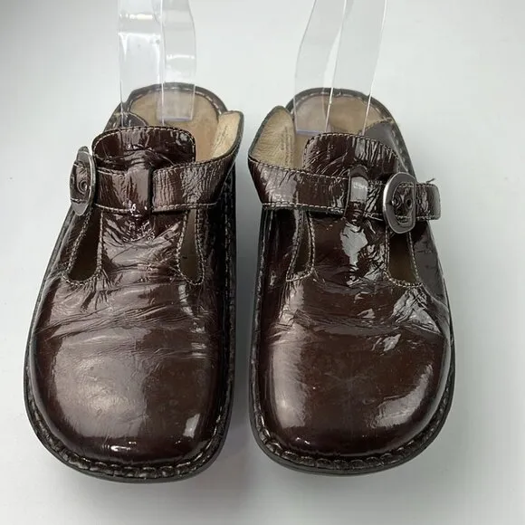 Alegria Brown Adjustable Leather Mary Jane Slip  on Shoes