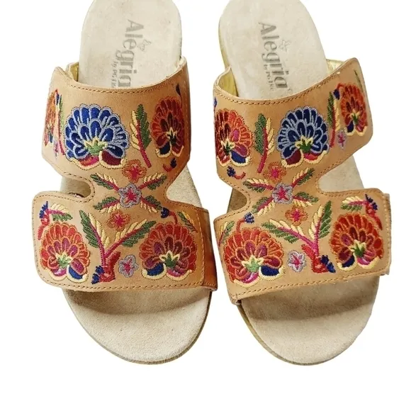 Alegria Embroidered Floral Leather Wedge Sandals 38/  7.5 - 8 US Slip-On  NWOB