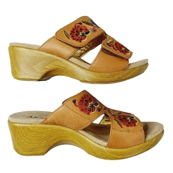 Alegria Embroidered Floral Leather Wedge Sandals 38/  7.5 - 8 US Slip-On  NWOB