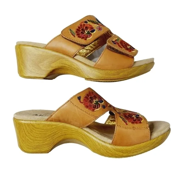 Alegria Embroidered Floral Leather Wedge Sandals 38/  7.5 - 8 US Slip-On  NWOB