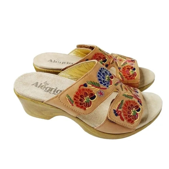 Alegria Embroidered Floral Leather Wedge Sandals 38/  7.5 - 8 US Slip-On  NWOB