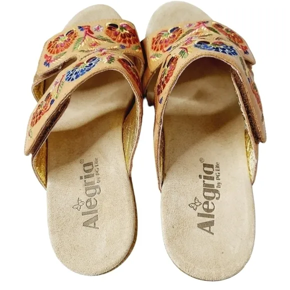 Alegria Embroidered Floral Leather Wedge Sandals 38/  7.5 - 8 US Slip-On  NWOB