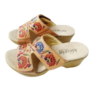 Alegria Embroidered Floral Leather Wedge Sandals 38/  7.5 - 8 US Slip-On  NWOB