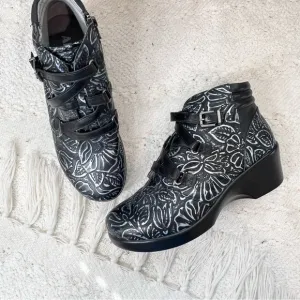 Alegria INDI Romance Boots Black/Blue/Silver Leather Floral Wedge Heel Booties 8