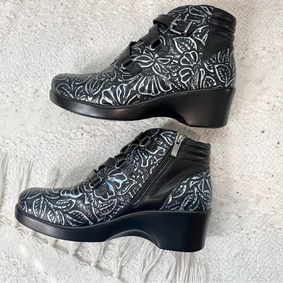 Alegria INDI Romance Boots Black/Blue/Silver Leather Floral Wedge Heel Booties 8
