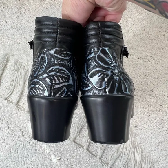 Alegria INDI Romance Boots Black/Blue/Silver Leather Floral Wedge Heel Booties 8