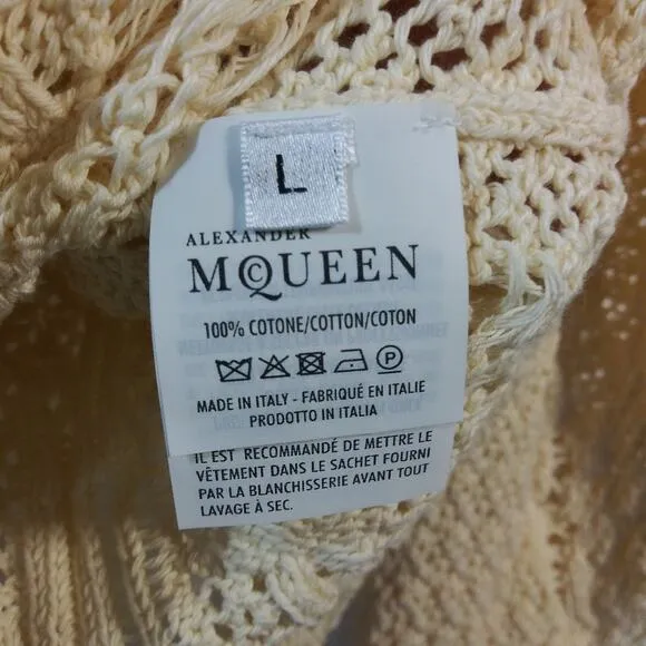Alexander Mcqueen Cream Distressed Crochet Knit Cotton Sweater Size L