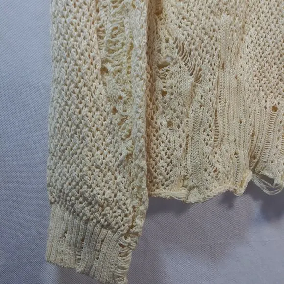 Alexander Mcqueen Cream Distressed Crochet Knit Cotton Sweater Size L