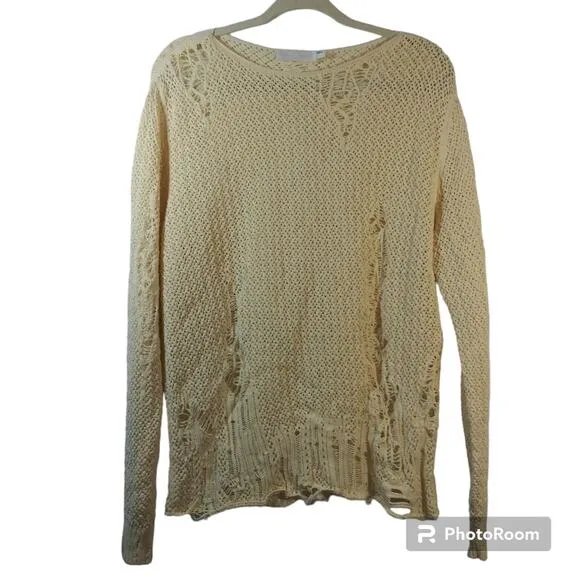 Alexander Mcqueen Cream Distressed Crochet Knit Cotton Sweater Size L