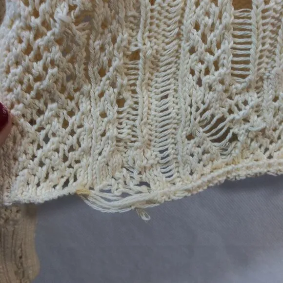 Alexander Mcqueen Cream Distressed Crochet Knit Cotton Sweater Size L