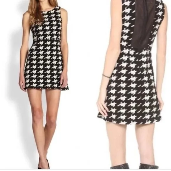 Alice &amp; Olivia Everleigh Black/White Houndstooth Mini Dress w Sheer Back Size 12