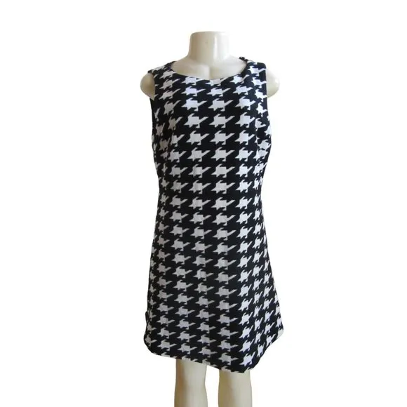 Alice &amp; Olivia Everleigh Black/White Houndstooth Mini Dress w Sheer Back Size 12