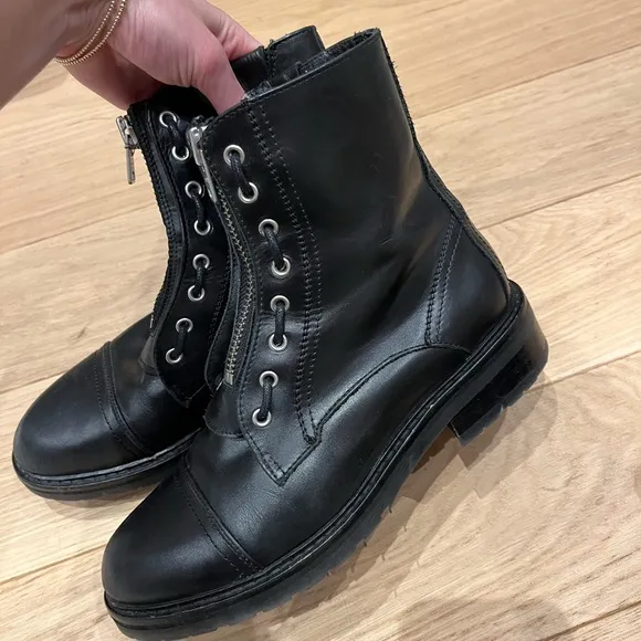 All Saints Ariel Leather Lace Up Biker Combat Black Boots